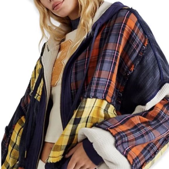 We The Free Jackets & Blazers - Free People Patch And Reverse Hoodie Pieced Plaid Patchwork Blue Rust Yellow Ivo